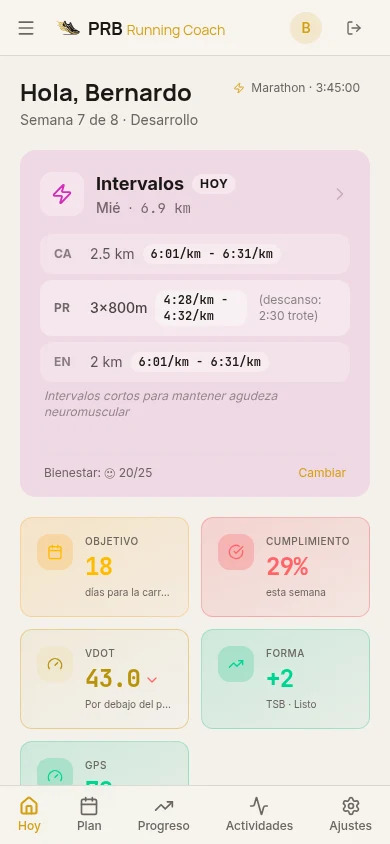 Dashboard mostrando sesión de intervalos con ritmos, VDOT 43.0, GPS Score y estado de forma